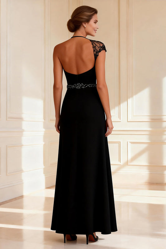 Sparkly Black Sheath Round Neck Long Mother of the Bride Dress with Slit