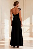 Sparkly Black Sheath Round Neck Long Mother of the Bride Dress with Slit