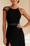 Sparkly Black Sheath Round Neck Long Mother of the Bride Dress with Slit