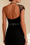 Sparkly Black Sheath Round Neck Long Mother of the Bride Dress with Slit