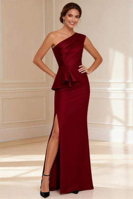 Burgundy Mermaid One Shoulder Long Mother of the Bride Dress with Ruffles