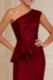 Burgundy Mermaid One Shoulder Long Mother of the Bride Dress with Ruffles