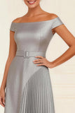 Silver Pleated A Line Off the Shoulder Asymmetrical Mother of the Bride Dress