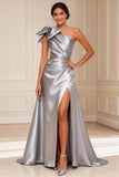 Silver A Line One Shoulder Satin Long Mother of the Bride Dress with Slit