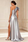 Silver A Line One Shoulder Satin Long Mother of the Bride Dress with Slit