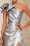 Silver A Line One Shoulder Satin Long Mother of the Bride Dress with Slit