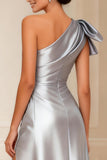 Silver A Line One Shoulder Satin Long Mother of the Bride Dress with Slit