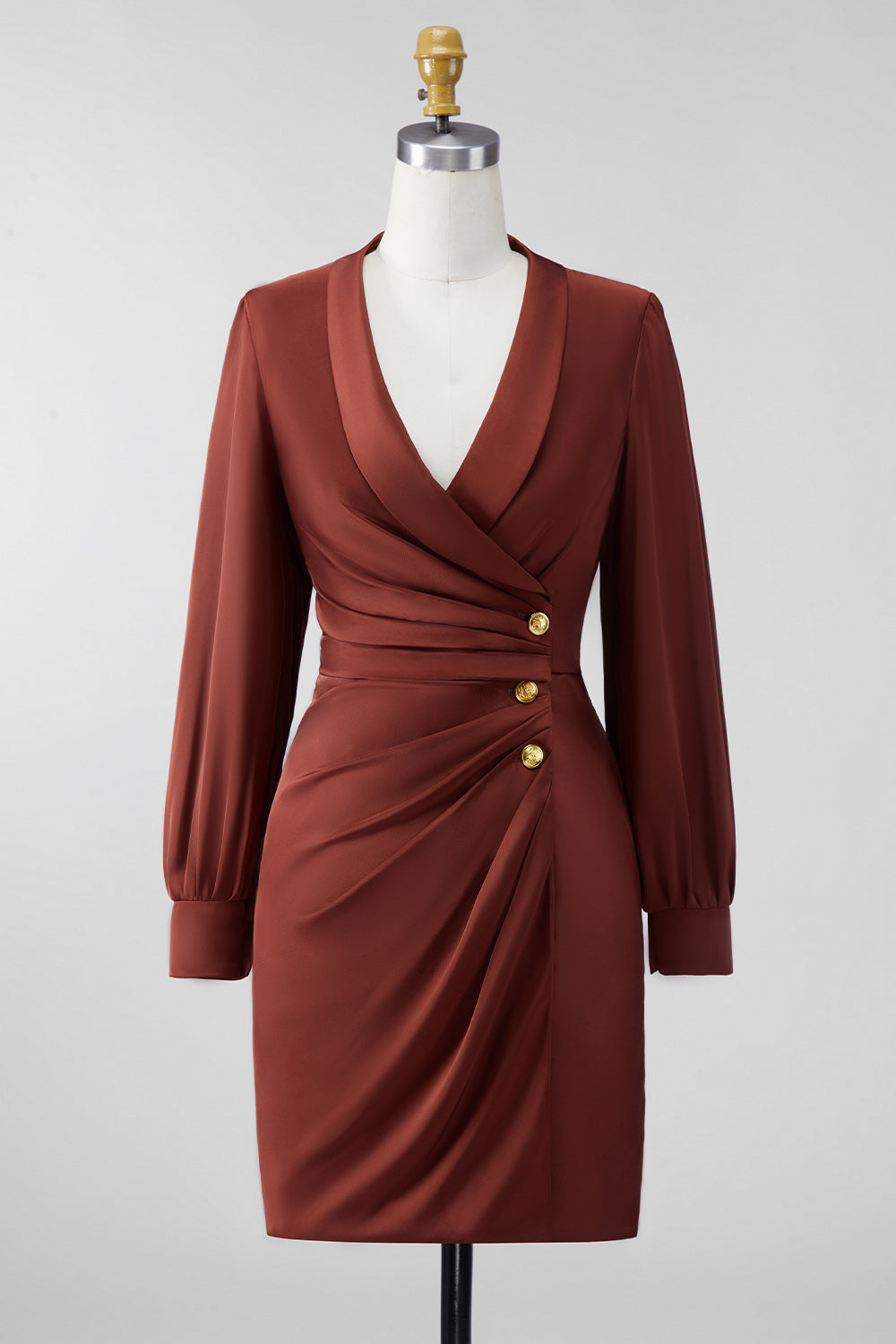 Brown Bodycon Satin V-Neck Short Mother of the Bride Dress with Sleeves