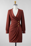 Brown Bodycon Satin V-Neck Short Mother of the Bride Dress with Sleeves