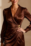 Brown Bodycon Satin V-Neck Short Mother of the Bride Dress with Sleeves