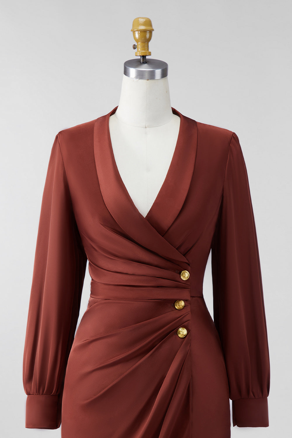 Brown Bodycon Satin V-Neck Short Mother of the Bride Dress with Sleeves