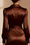 Brown Bodycon Satin V-Neck Short Mother of the Bride Dress with Sleeves