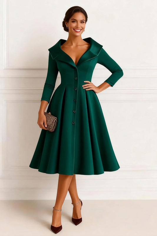 Dark Green A-Line V-Neck Midi Mother of the Bride Dress with Sleeves