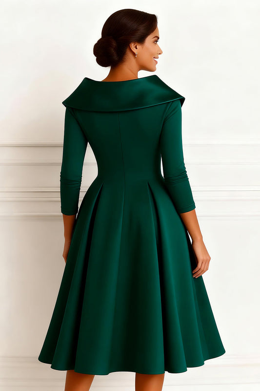 Dark Green A-Line V-Neck Midi Mother of the Bride Dress with Sleeves