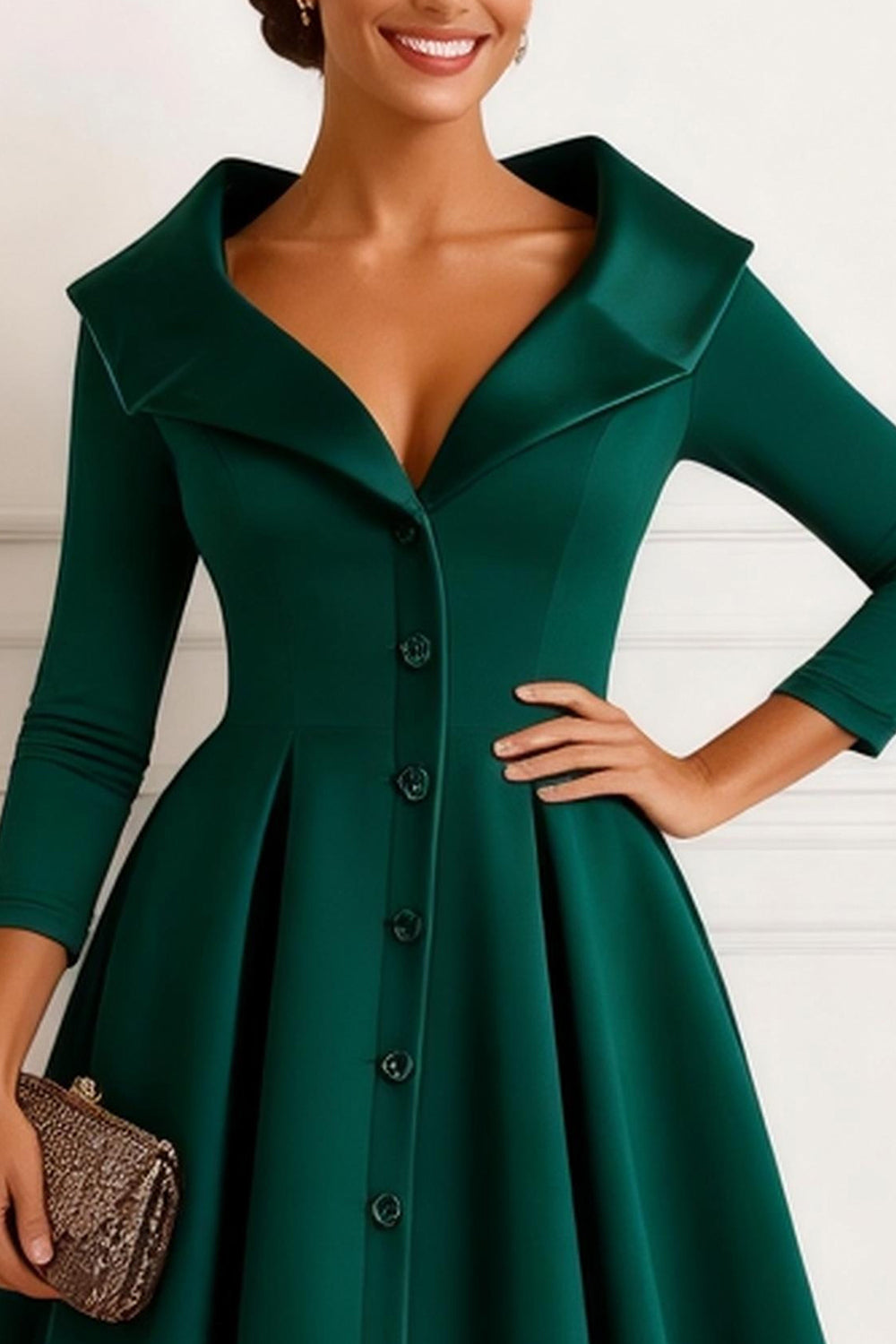 Dark Green A-Line V-Neck Midi Mother of the Bride Dress with Sleeves