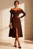 Chocolate Off the Shoulder A Line Midi Mother of the Bride Dress with Sleeves