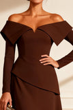 Chocolate Off the Shoulder A Line Midi Mother of the Bride Dress with Sleeves