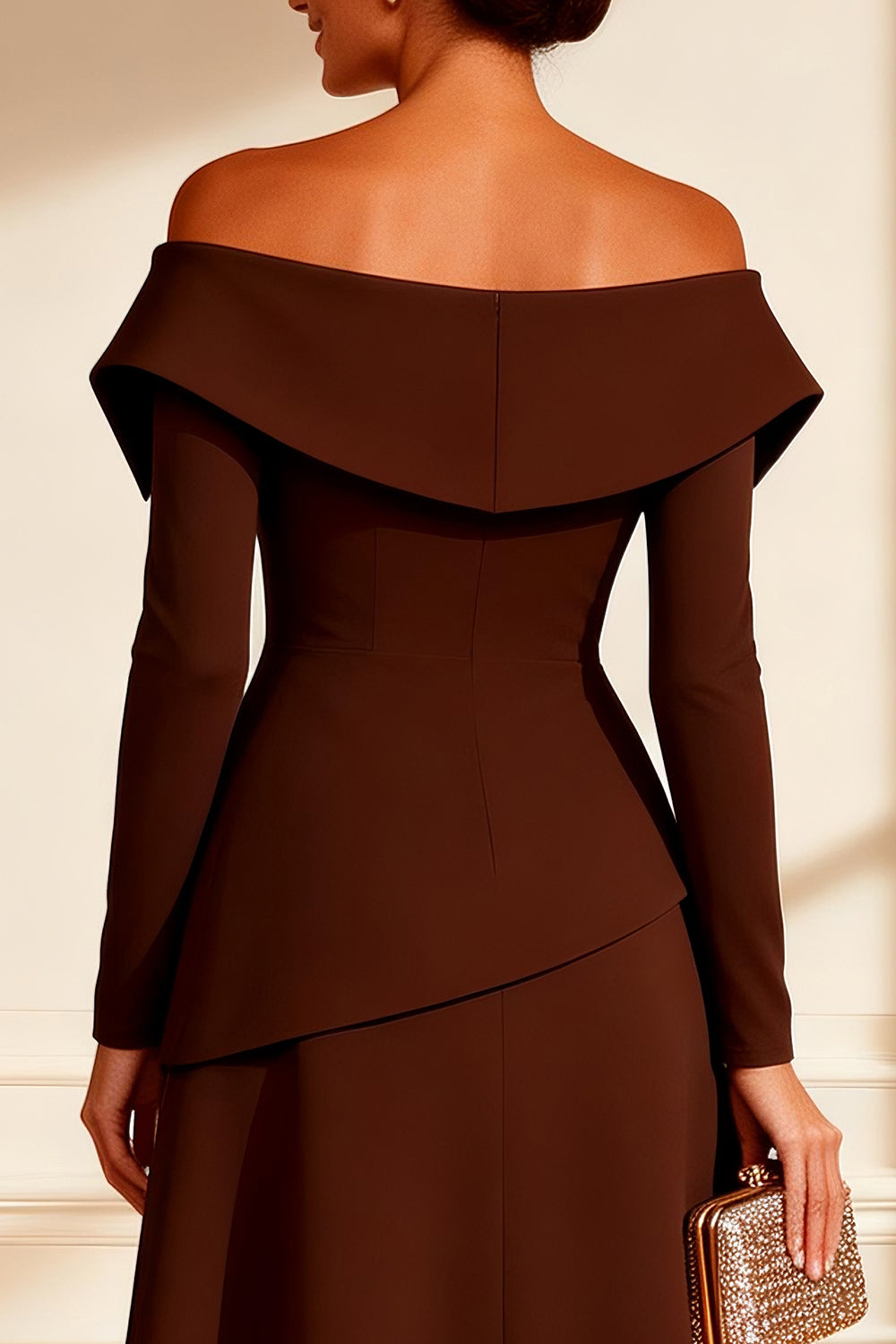 Chocolate Off the Shoulder A Line Midi Mother of the Bride Dress with Sleeves