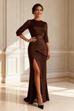 Chocolate Sheath Round Neck Long Mother of the Bride Dress with Slit