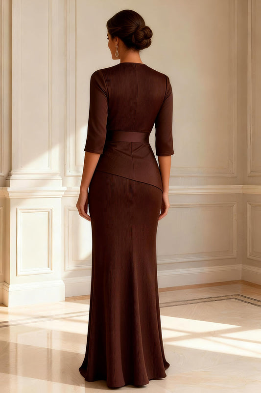 Chocolate Sheath Round Neck Long Mother of the Bride Dress with Slit