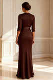 Chocolate Sheath Round Neck Long Mother of the Bride Dress with Slit