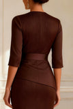 Chocolate Sheath Round Neck Long Mother of the Bride Dress with Slit