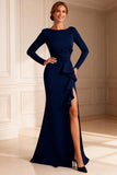 Navy Ruffled Boat Neck Mermaid Long Sleeves Mother of the Bride Dress with Slit