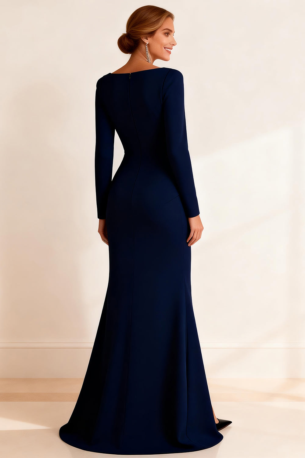 Navy Ruffled Boat Neck Mermaid Long Sleeves Mother of the Bride Dress with Slit