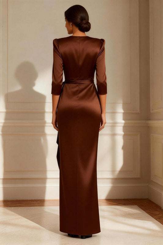 Chocolate Round Neck Satin Ruched Long Mother of the Bride Dress with Sash