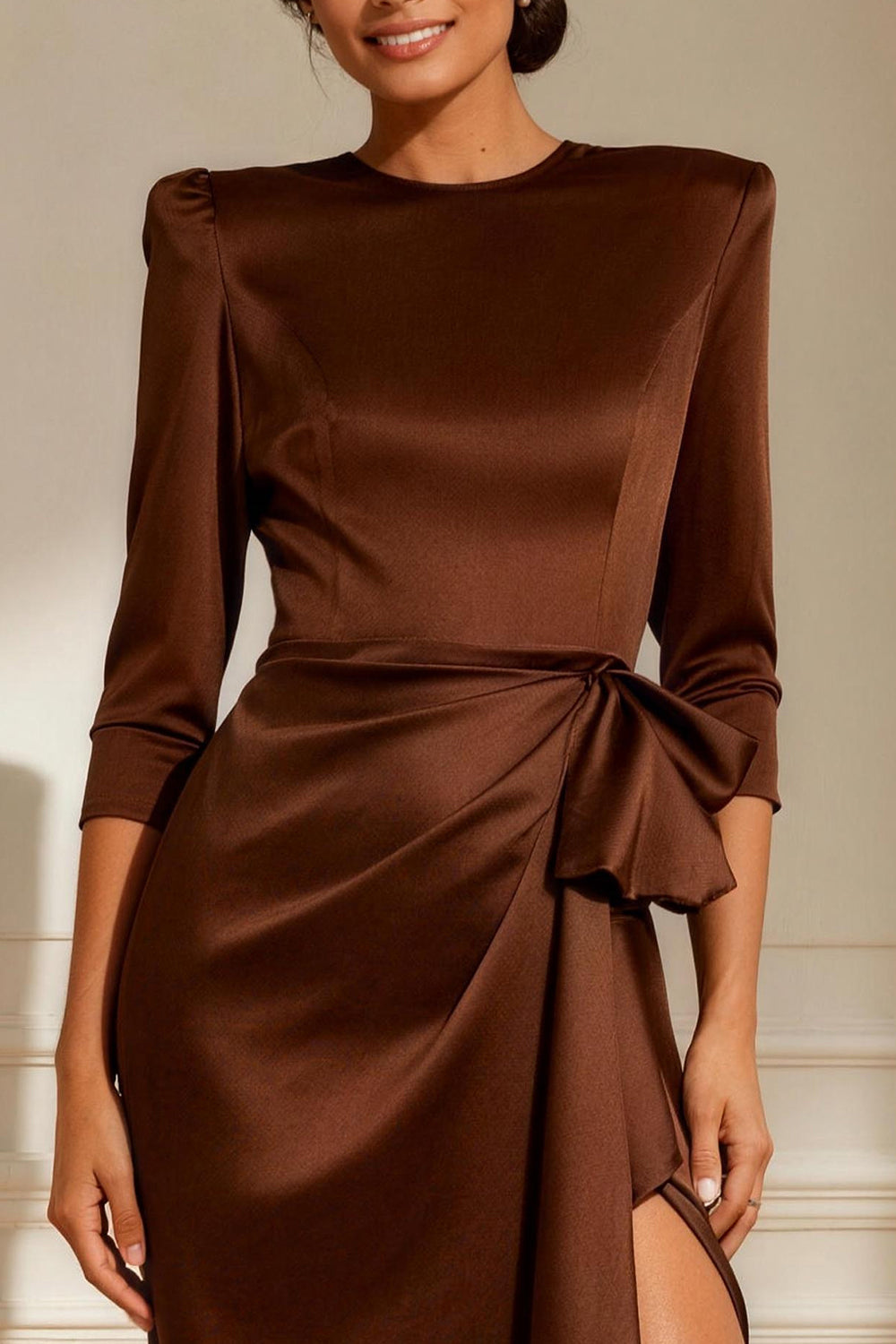 Chocolate Round Neck Satin Ruched Long Mother of the Bride Dress with Sash