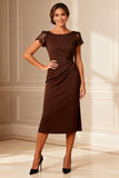 Brown Boat Neck Bodycon Midi Mother of the Bride Dress with Lace