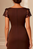 Brown Boat Neck Bodycon Midi Mother of the Bride Dress with Lace