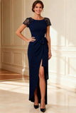Navy Sheath Boat Neck Long Mother of the Bride Dress with Lace