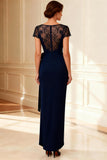 Navy Sheath Boat Neck Long Mother of the Bride Dress with Lace