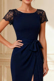 Navy Sheath Boat Neck Long Mother of the Bride Dress with Lace
