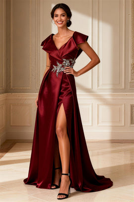 Sparkly Burgundy A Line Satin V-Neck Long Mother of the Bride Dress with Slit