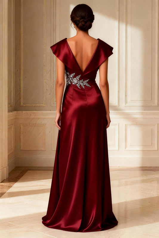 Sparkly Burgundy A Line Satin V-Neck Long Mother of the Bride Dress with Slit