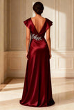 Sparkly Burgundy A Line Satin V-Neck Long Mother of the Bride Dress with Slit