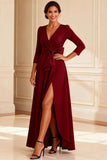 Burgundy Ruched A Line V-Neck Long Mother of the Bride Dress with Slit