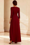 Burgundy Ruched A Line V-Neck Long Mother of the Bride Dress with Slit