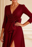 Burgundy Ruched A Line V-Neck Long Mother of the Bride Dress with Slit