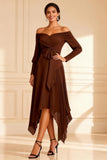 Brown Off the Shoulder Pleated Asymmetrical Mother of the Bride Dress