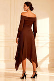 Brown Off the Shoulder Pleated Asymmetrical Mother of the Bride Dress