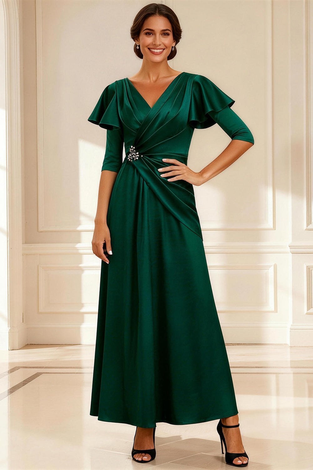 Zapakasa Women Sparkly Dark Green Beaded Long Mother of the Bride Dress