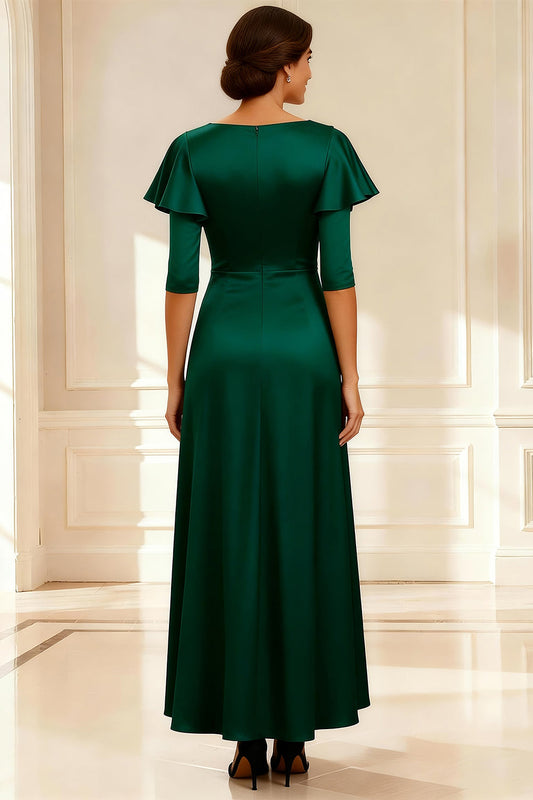 Sparkly Dark Green Satin V Neck A Line Long Mother of the Bride Dress