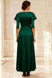 Sparkly Dark Green Satin V Neck A Line Long Mother of the Bride Dress