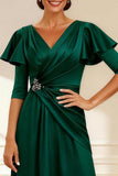 Sparkly Dark Green Satin V Neck A Line Long Mother of the Bride Dress