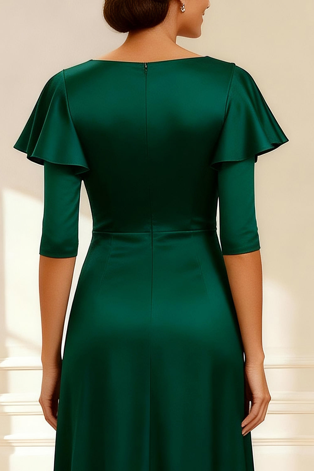 Sparkly Dark Green Satin V Neck A Line Long Mother of the Bride Dress