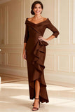 Chocolate Off the Shoulder Ruffled Long Mother of the Bride Dress with Sleeves