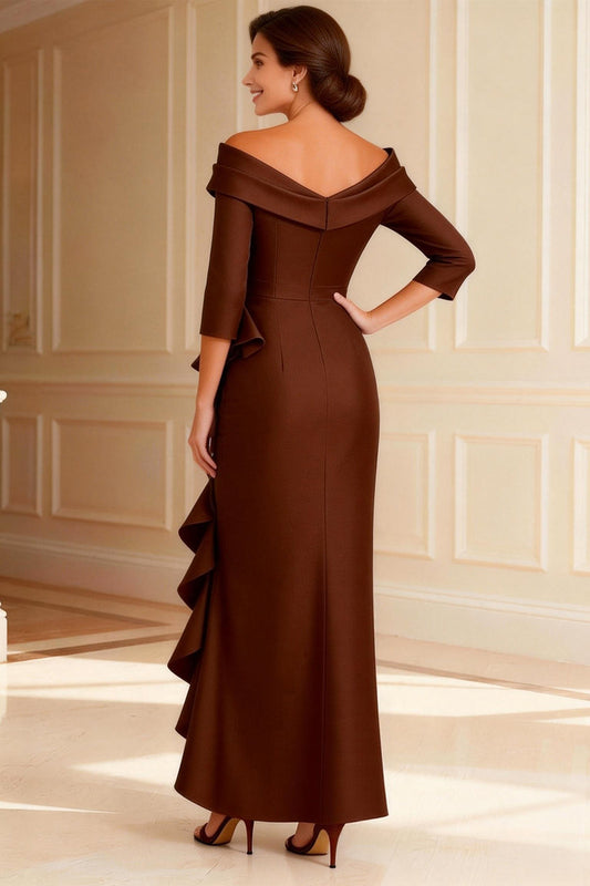 Chocolate Off the Shoulder Ruffled Long Mother of the Bride Dress with Sleeves